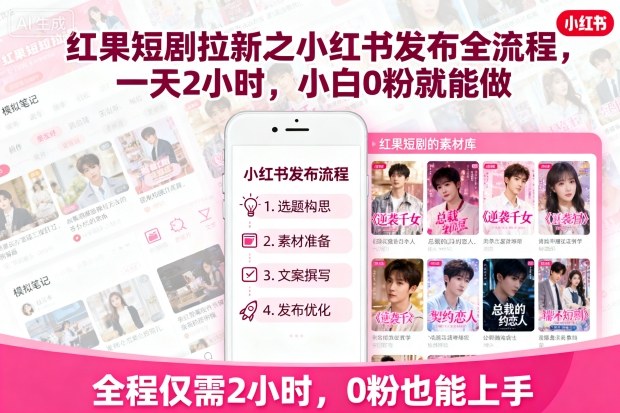 红果短剧拉新之小红书发布全流程，一天2小时，小白0粉就能做-自媒小站网创副业站