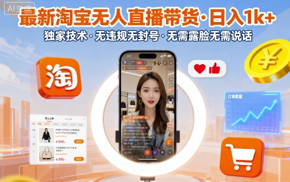 最新淘宝无人直播带货，日入1k+，独家技术，无违规无封号，无需露脸无需说话【揭秘】-自媒小站网创副业站