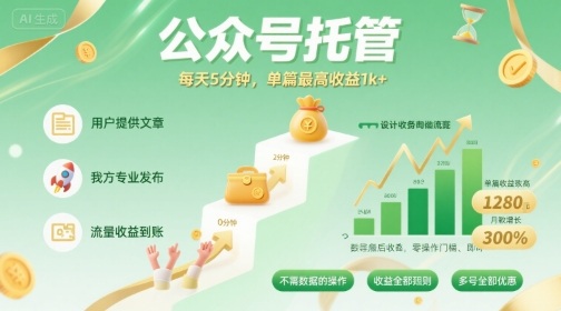 【公众号托管 】我提供文章，你发布，每天5分钟，单篇最高收益1k+【揭秘】-自媒小站网创副业站