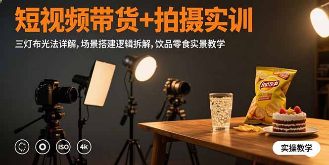 短视频带货+拍摄实训：三灯布光法详解,场景搭建逻辑拆解,饮品零食实景教学-自媒小站网创副业站