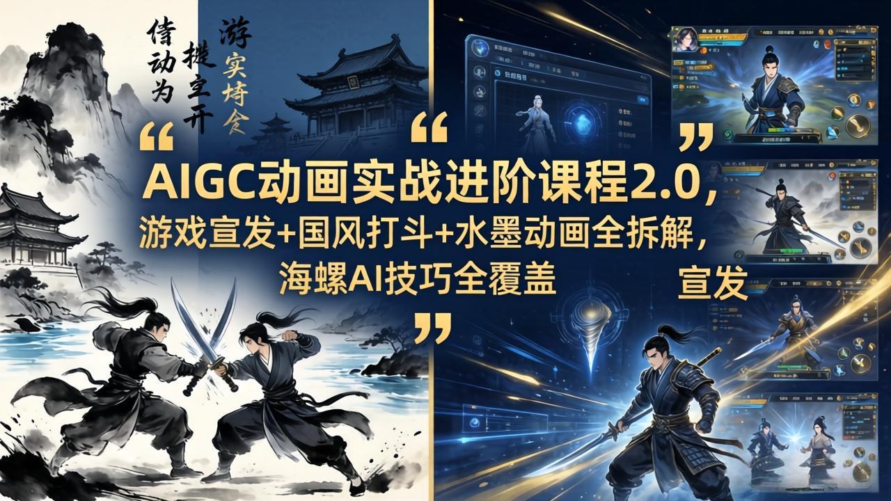 AIGC动画实战进阶课程2.0，游戏宣发+国风打斗+水墨动画全拆解，海螺AI技巧全覆盖-自媒小站网创副业站
