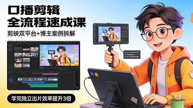 口播剪辑全流程速成课，剪映双平台+博主案例拆解，学完独立出片效率提升3倍-自媒小站网创副业站