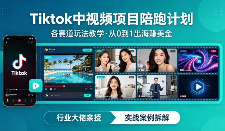 某大佬的Tiktok中视频项目陪跑，涵盖TK各个赛道玩法教学，从0到1出海賺美金-自媒小站网创副业站