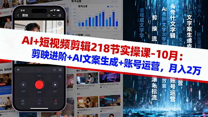 AI+短视频剪辑218节实操课-10月：剪映进阶+AI文案生成+账号运营，月入2万-自媒小站网创副业站