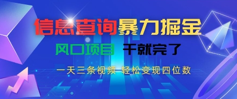 信息查询暴力掘金，一天三条视频，轻松变现四位数，风口项目干就完了【揭秘】-自媒小站网创副业站