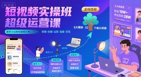 短视频实操班超级运营课，新手小白到短视频大神必修课程，剪辑-拍摄-运营-直播-变现-自媒小站网创副业站