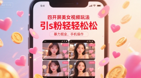 四开屏美女视频玩法，引s粉轻轻松松，暴力掘金，手机操作【揭秘】-自媒小站网创副业站