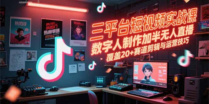 三平台短视频实战课，数字人制作加半无人直播，覆盖20+赛道剪辑与运营技巧-自媒小站网创副业站