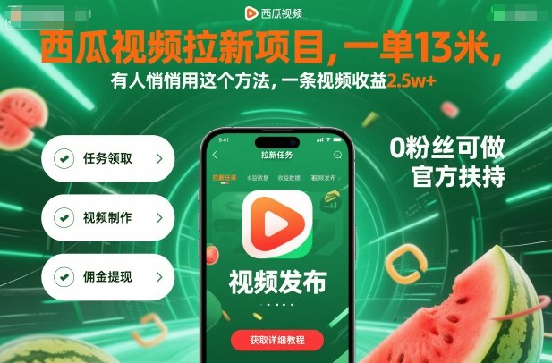 西瓜视频拉新项目，一单13米，有人悄悄用这个方法，一条视频收益2.5w+(附详细教程)-自媒小站网创副业站