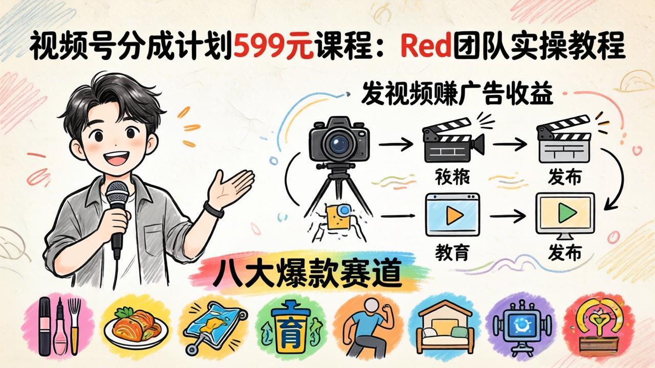 视频号分成计划599元课程：Red团队实操教程，发视频赚广告收益，八大爆款赛道全掌握-自媒小站网创副业站