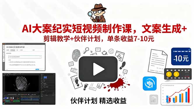 AI大案纪实短视频制作课，文案生成+剪辑教学+伙伴计划，单条收益7-10元-自媒小站网创副业站