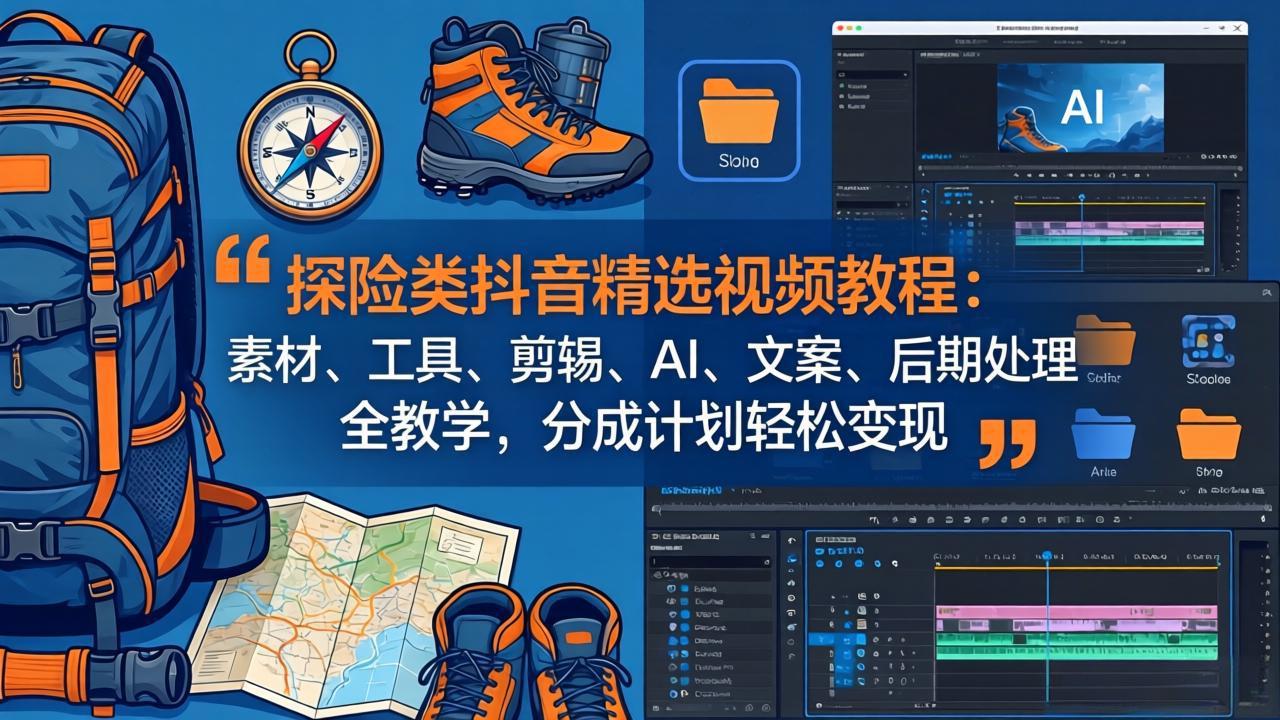 探险类抖音精选视频教程：素材、工具、剪辑、AI、文案、后期处理全教学，分成计划轻松变现-自媒小站网创副业站