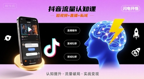 抖音流量认知课，短视频+直播+私域，认知提升，闪电开悟-自媒小站网创副业站