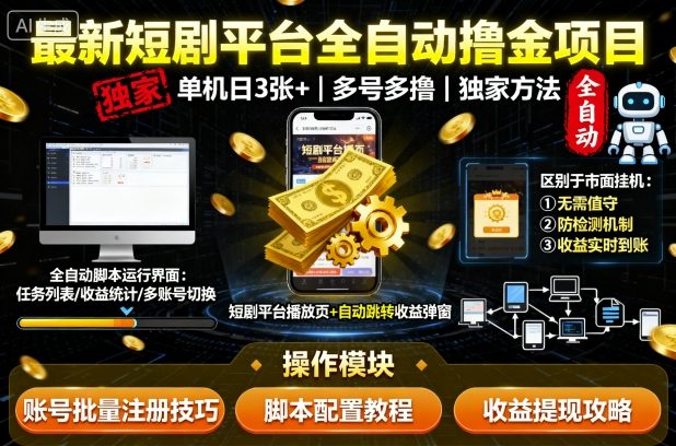 最新短剧平台全自动挂G撸金项目，单机一天3张+，多号多撸，区别于市面所有挂机项目，独家方法【揭秘】-自媒小站网创副业站