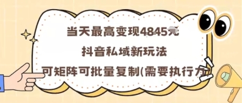 当天最高变现1k+，抖音私域新玩法，可矩阵可批量复制-自媒小站网创副业站