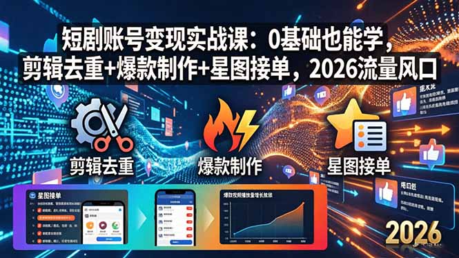 短剧账号变现实战课：0基础也能学，剪辑去重+爆款制作+星图接单，2026流量风口-自媒小站网创副业站