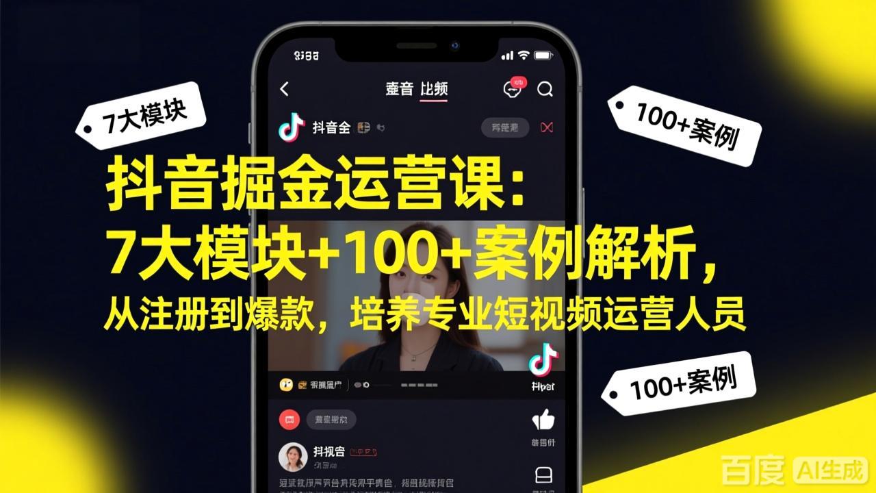 抖音掘金运营课：7大模块+100+案例解析，从注册到爆款，培养专业短视频运营人员-自媒小站网创副业站
