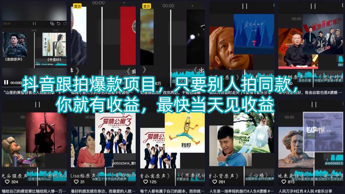 抖音跟拍爆款项目，只要别人拍同款，你就有收益，最快当天见收益-自媒小站网创副业站