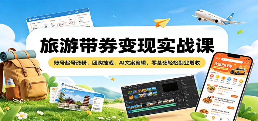 旅游带券变现实战课：账号起号涨粉，团购挂载，AI文案剪辑，零基础轻松副业增收-自媒小站网创副业站