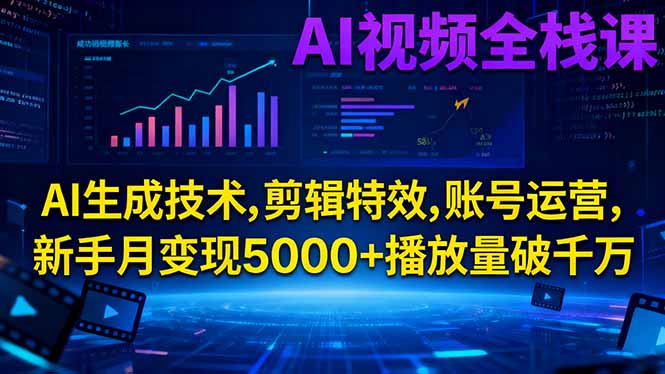 AI视频全栈课:AI生成技术,剪辑特效,账号运营,新手月变现5000+播放量破千万-自媒小站网创副业站