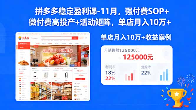 拼多多稳定盈利课-11月，强付费SOP+微付费高投产+活动矩阵，单店月入10万+-自媒小站网创副业站