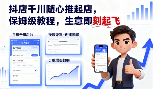 抖店千川随心推起店，保姆级教程，生意即刻起飞-自媒小站网创副业站