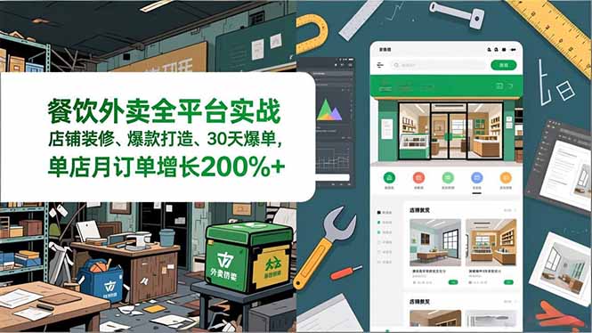 餐饮外卖全平台实战，店铺装修、爆款打造、30天爆单，手把手教学，单店月订单增长200%+-自媒小站网创副业站
