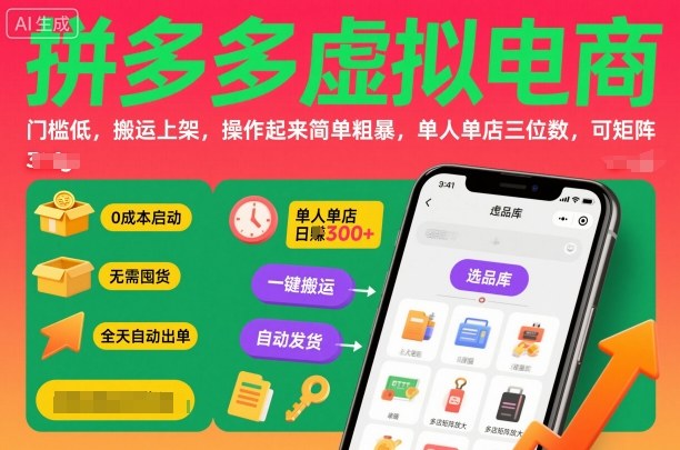 拼多多虚拟电商，门槛低，搬运上架，操作起来简单粗暴，单人单店三位数，可矩阵-自媒小站网创副业站