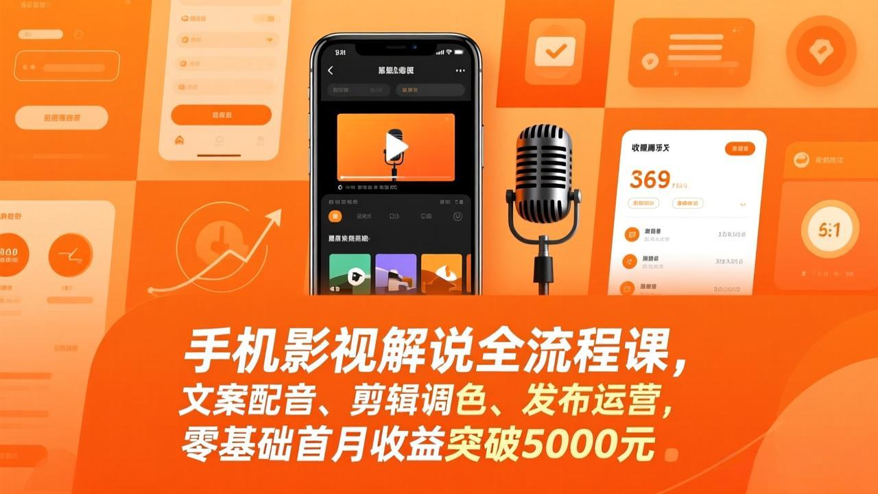 手机影视解说全流程课，文案配音、剪辑调色、发布运营，零基础首月收益突破5000元-自媒小站网创副业站