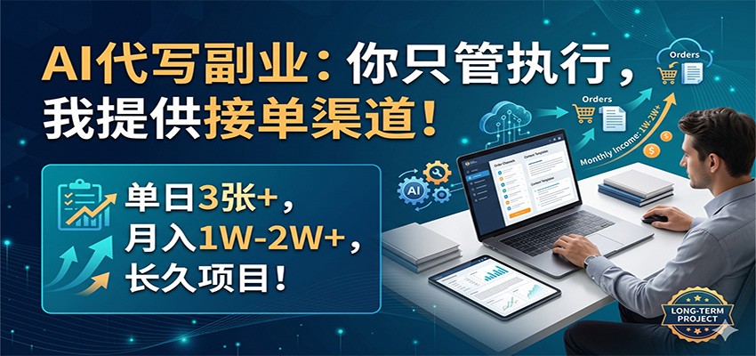 AI代写副业：你只管执行，我提供接单渠道！单日3张+，月入1W-2W+，长久项目-自媒小站网创副业站