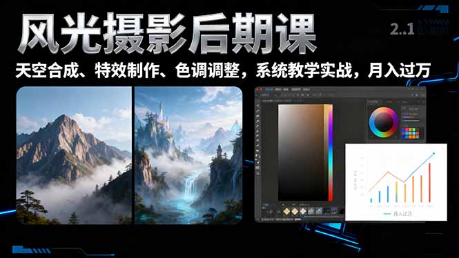 风光摄影后期课，一键换天空合成、特效制作、色调调整，月入过万-自媒小站网创副业站