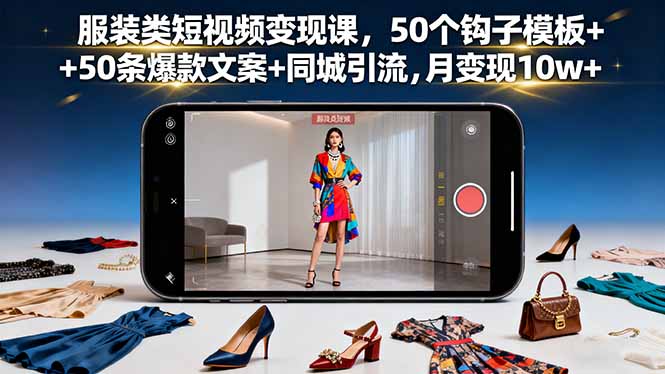 服装类短视频变现课，50个钩子模板+50条爆款文案+同城引流，月变现10w+-自媒小站网创副业站