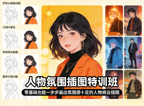 人物氛围插图特训班，零基础也能一步步画出氛围感十足的人物商业插图-自媒小站网创副业站