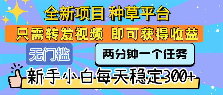 全新项目 种草平台 只需要转发任务视频 即可获得收益 新手小白每天300+-自媒小站网创副业站