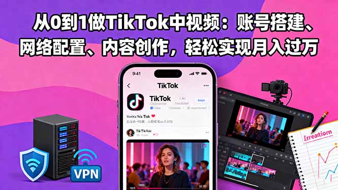 从0到1做TikTok中视频：账号搭建、网络配置、内容创作，轻松实现月入过万-自媒小站网创副业站