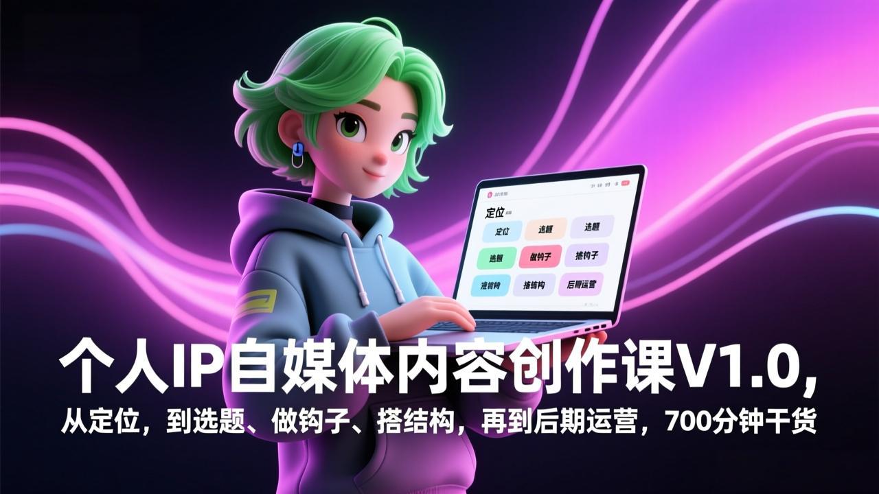 个人IP自媒体内容创作课V1.0，从定位，到选题、做钩子、搭结构，再到后期运营，700分钟干货-自媒小站网创副业站