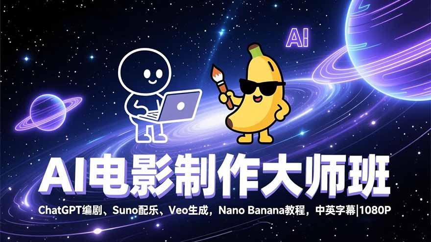 AI电影制作大师班：ChatGPT编剧、Suno配乐、Veo生成，Nano Banana教程，中英字幕|1080P-自媒小站网创副业站