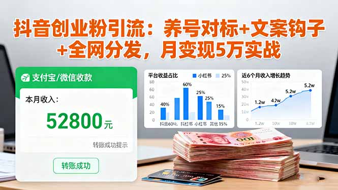 抖音创业粉引流：养号对标+文案钩子+全网分发，月变现5万实战-自媒小站网创副业站