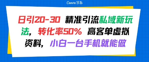 日引 20-30 精准引流私域新玩法，转化率50% 高客单虚拟资料，小白一台手机就能做-自媒小站网创副业站