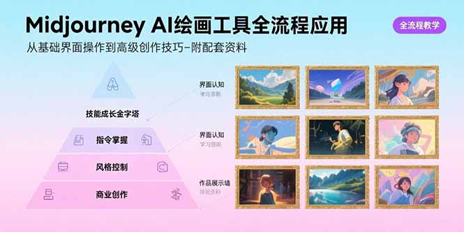 Midjourney AI绘画工具全流程应用，从基础界面操作到高级创作-附配套资料-自媒小站网创副业站