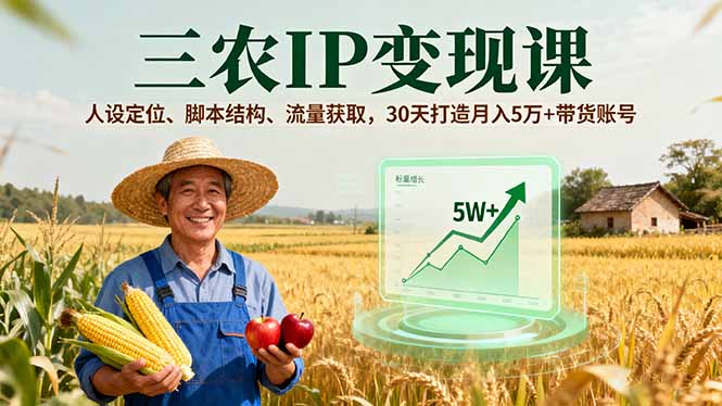 三农IP变现课，人设定位、脚本结构、流量获取，30天打造月入5万+带货账号-自媒小站网创副业站