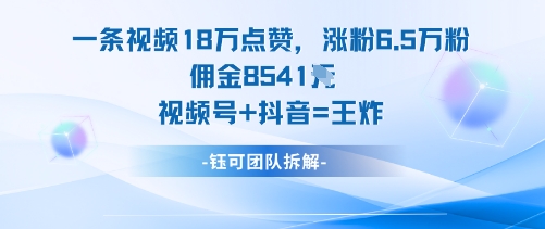 一条视频18W点赞，涨粉6.5W粉佣金8541米，视频号+抖音=王炸-自媒小站网创副业站