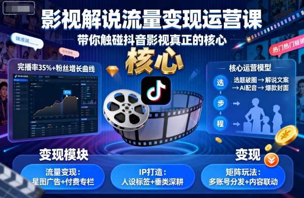 影视解说流量变现运营课，带你触碰抖音影视真正的核心-自媒小站网创副业站