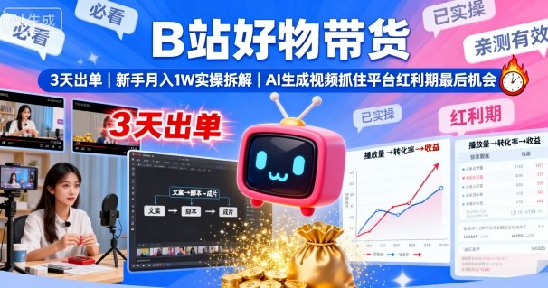 B站好物带货，3天出单，新手月入1W实操拆解，AI生成视频，抓住平台红利期最后机会-自媒小站网创副业站