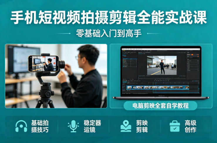 手机短视频拍摄剪辑全能实战课：零基础入门到高手，稳定器运镜+电脑剪映全套自学教程-自媒小站网创副业站