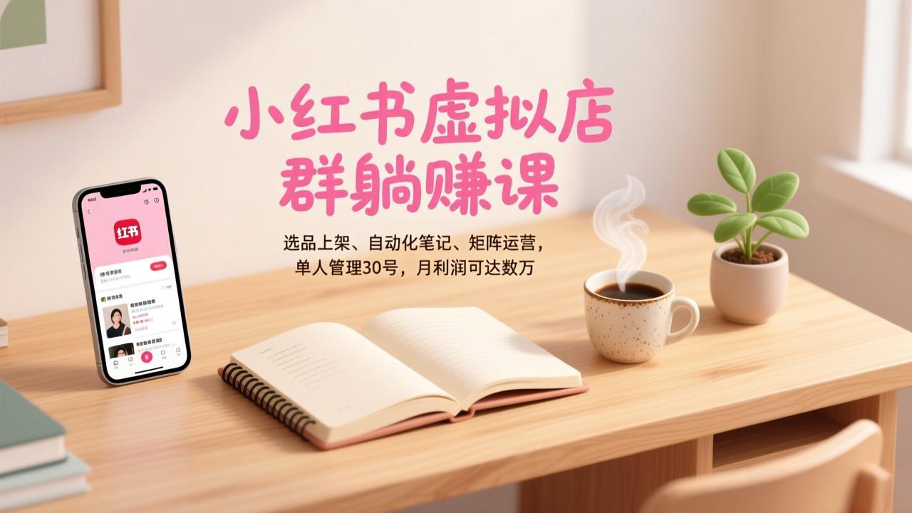 小红书虚拟店群躺赚课，选品上架、自动化笔记、矩阵运营，单人管理30号，月利润可达数万-自媒小站网创副业站