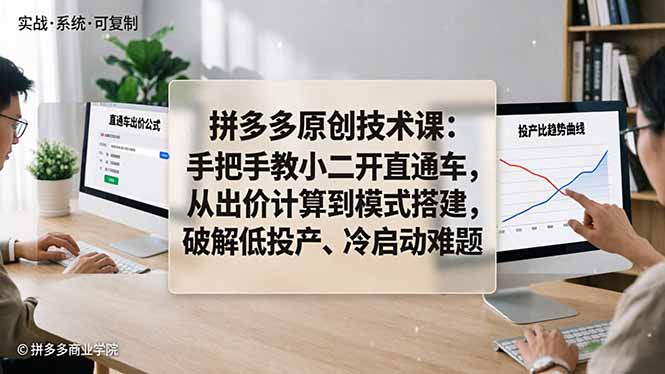 拼多多原创技术课：手把手教小二开直通车，从出价计算到模式搭建，破解低投产、冷启动难题-自媒小站网创副业站