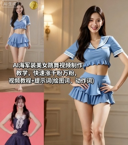 AI海军装美女跳舞视频制作教学，快速涨千粉万粉，视频教程+提示词(绘图词、动作词)-自媒小站网创副业站