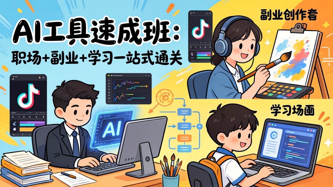 AI工具速成班：职场+副业+学习一站式通关，20+爆款类型+剪映技巧+抖音算法，0基础快速上手-自媒小站网创副业站