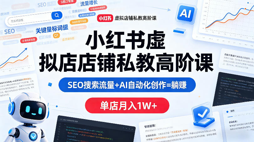 小红书虚拟店铺私教高阶课，SEO搜索流量+AI自动化创作=躺賺，单店月入1W+-自媒小站网创副业站